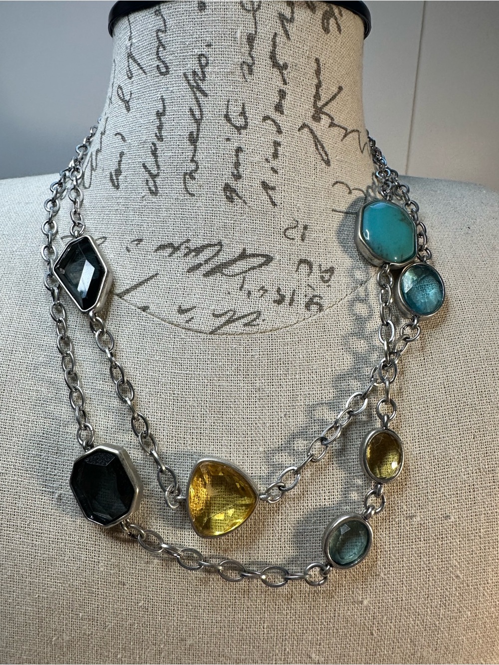 Chico’s Multi-Color Gemstone – Silver-Tone Chain, Mixed Shape Stones